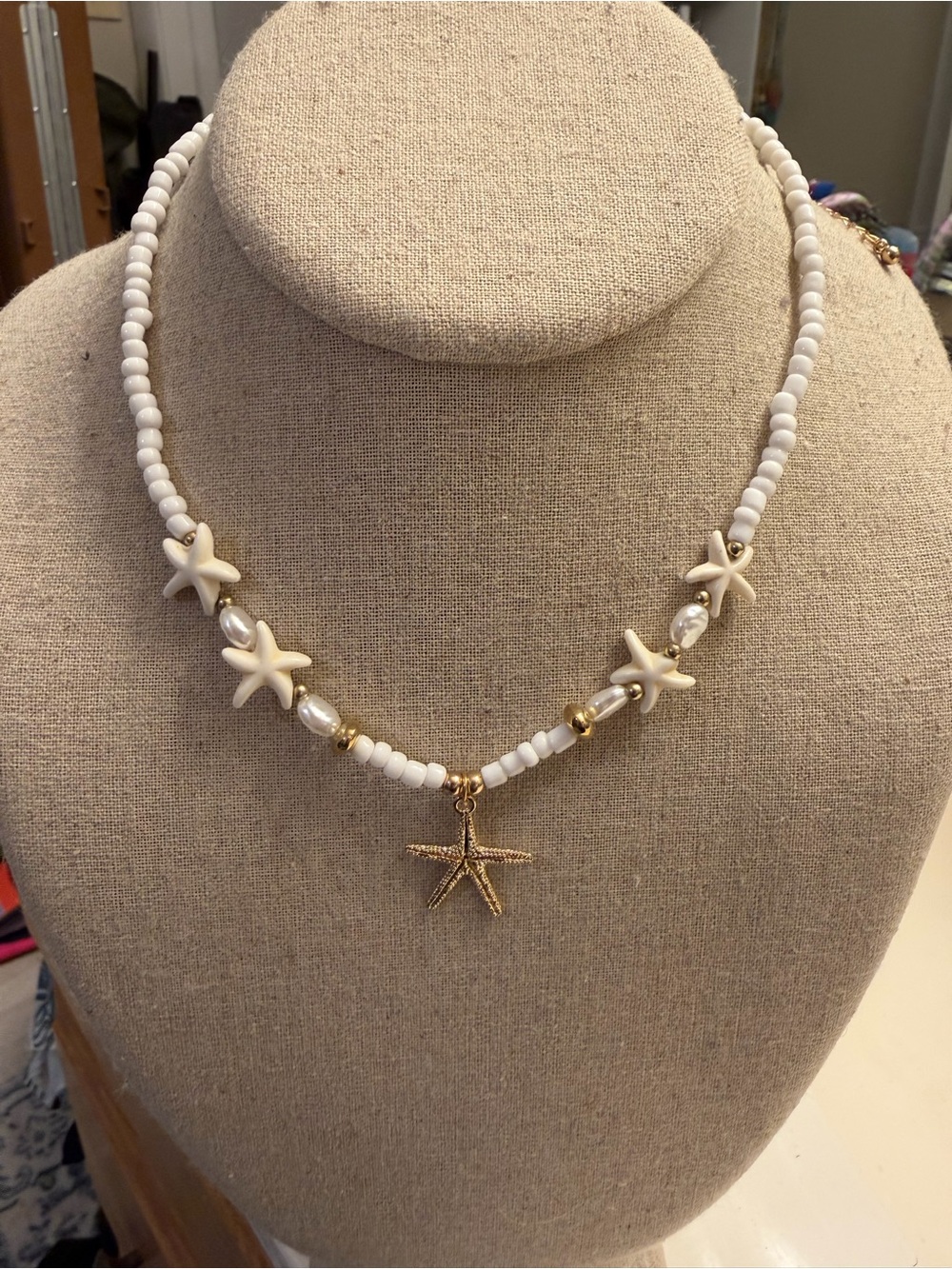Gold Starfish Pendant White Beaded Necklace - Women Jewelry